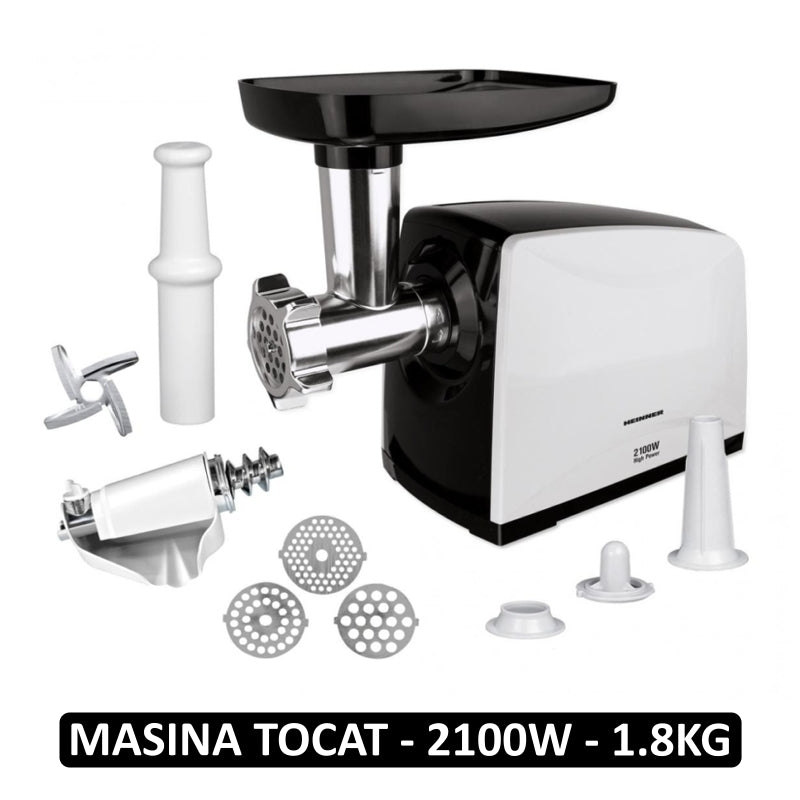 Masina de Tocat Carne si Rosii Heinner - 2100W, 1.8 kg, 3 site , accesorii rosii, carnati si kibbe, MG-2100BKWH